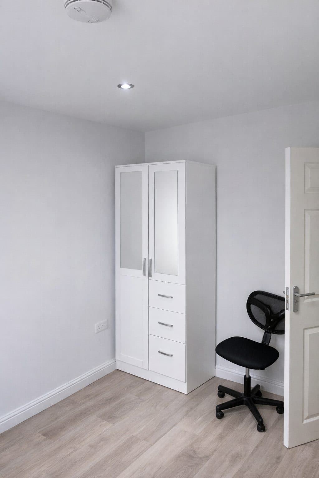 Bedroom storage with white wardrobe