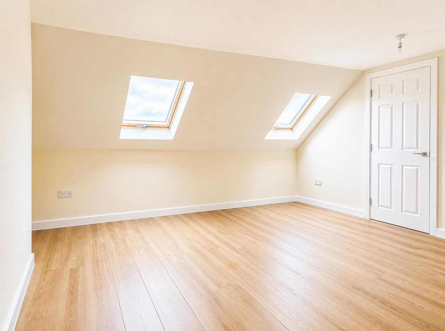Loft master bedroom with twin Velux windows and new laminate flooring
